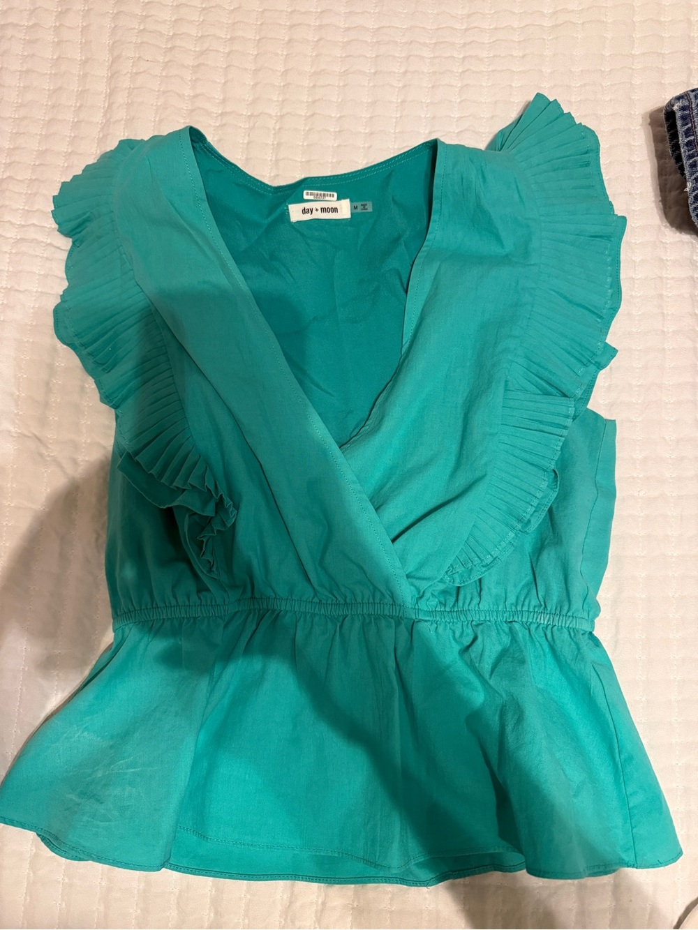 day + moon Teal Ruffle Peplum V-Neck Women's Top